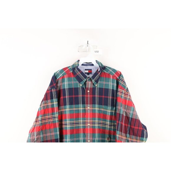 Vtg 90s Tommy Hilfiger Mens Large Faded Rainbow Plaid Collared Button Down Shirt - Picture 2 of 9